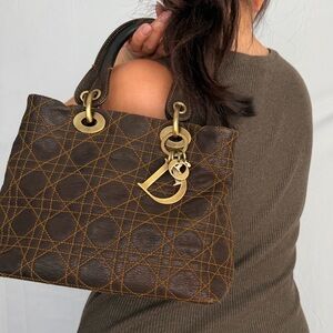 Christian Dior Soft Tote Bag Lady Dior Cannage Stitch Brown Leather Gold